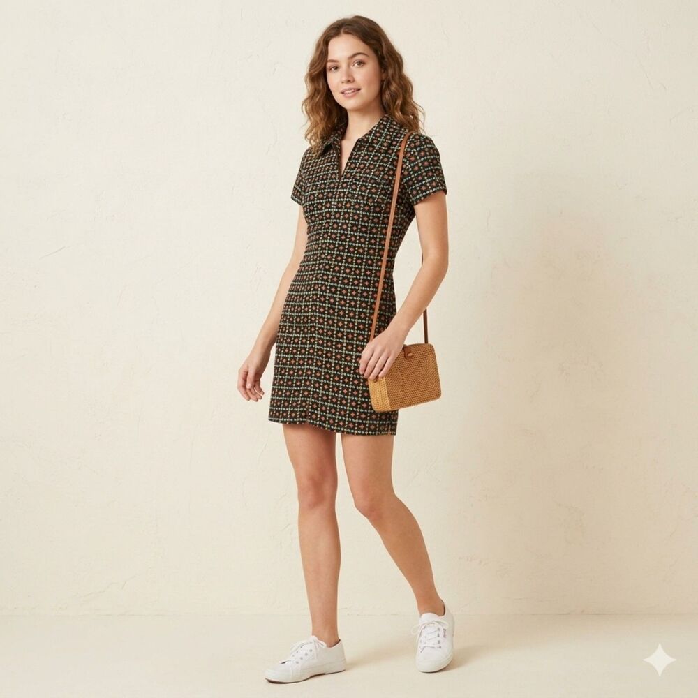 90s Jamie Brooke Ditsy Floral Starburst Polo Collar Zip Mini Dress Grunge Size 3
